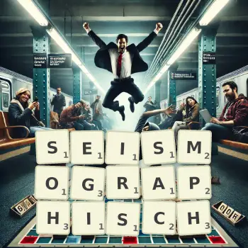 Kreative Illustration für ein Scrabble-Spiel, bei dem das Wort SEISMOGRAPHISCH mit Steinen auf dem Brett gelegt wurde.