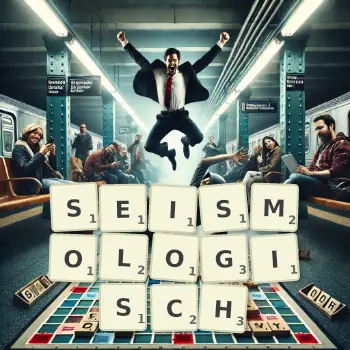 Kreative Illustration für ein Scrabble-Spiel, bei dem das Wort SEISMOLOGISCH mit Steinen auf dem Brett gelegt wurde.