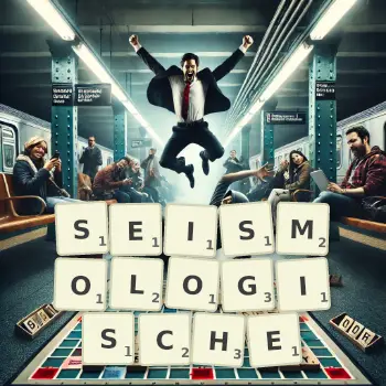 Kreative Illustration für ein Scrabble-Spiel, bei dem das Wort SEISMOLOGISCHE mit Steinen auf dem Brett gelegt wurde.