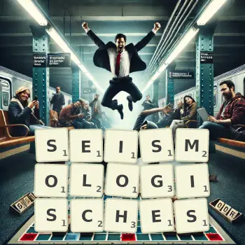 Kreative Illustration für ein Scrabble-Spiel, bei dem das Wort SEISMOLOGISCHES mit Steinen auf dem Brett gelegt wurde.