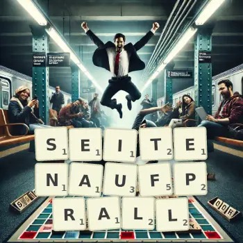 Kreative Illustration für ein Scrabble-Spiel, bei dem das Wort SEITENAUFPRALL mit Steinen auf dem Brett gelegt wurde.