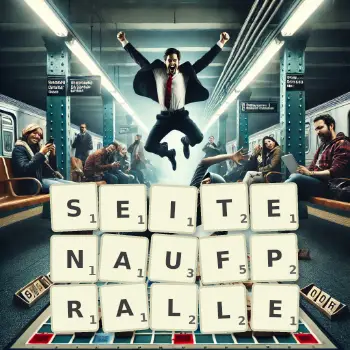 Kreative Illustration für ein Scrabble-Spiel, bei dem das Wort SEITENAUFPRALLE mit Steinen auf dem Brett gelegt wurde.