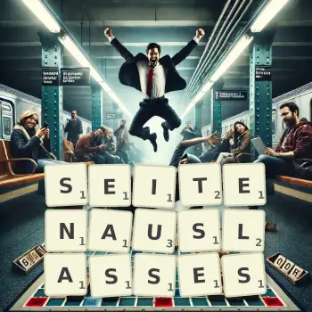 Kreative Illustration für ein Scrabble-Spiel, bei dem das Wort SEITENAUSLASSES mit Steinen auf dem Brett gelegt wurde.