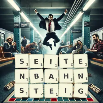 Kreative Illustration für ein Scrabble-Spiel, bei dem das Wort SEITENBAHNSTEIG mit Steinen auf dem Brett gelegt wurde.