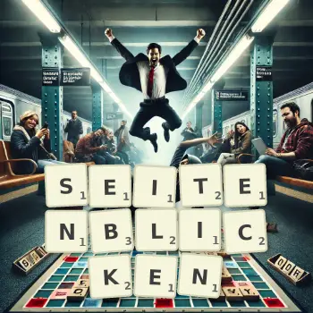 Kreative Illustration für ein Scrabble-Spiel, bei dem das Wort SEITENBLICKEN mit Steinen auf dem Brett gelegt wurde.