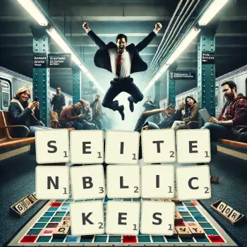 Kreative Illustration für ein Scrabble-Spiel, bei dem das Wort SEITENBLICKES mit Steinen auf dem Brett gelegt wurde.