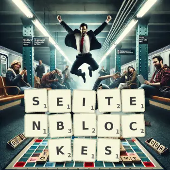 Kreative Illustration für ein Scrabble-Spiel, bei dem das Wort SEITENBLOCKES mit Steinen auf dem Brett gelegt wurde.