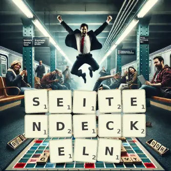 Kreative Illustration für ein Scrabble-Spiel, bei dem das Wort SEITENDECKELN mit Steinen auf dem Brett gelegt wurde.