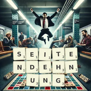 Kreative Illustration für ein Scrabble-Spiel, bei dem das Wort SEITENDEHNUNG mit Steinen auf dem Brett gelegt wurde.