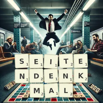 Kreative Illustration für ein Scrabble-Spiel, bei dem das Wort SEITENDENKMAL mit Steinen auf dem Brett gelegt wurde.