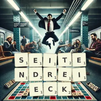 Kreative Illustration für ein Scrabble-Spiel, bei dem das Wort SEITENDREIECK mit Steinen auf dem Brett gelegt wurde.