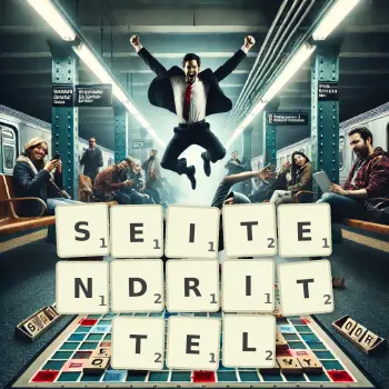 Kreative Illustration für ein Scrabble-Spiel, bei dem das Wort SEITENDRITTEL mit Steinen auf dem Brett gelegt wurde.