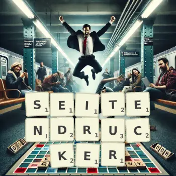 Kreative Illustration für ein Scrabble-Spiel, bei dem das Wort SEITENDRUCKER mit Steinen auf dem Brett gelegt wurde.