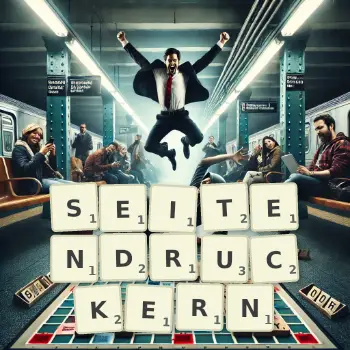Kreative Illustration für ein Scrabble-Spiel, bei dem das Wort SEITENDRUCKERN mit Steinen auf dem Brett gelegt wurde.