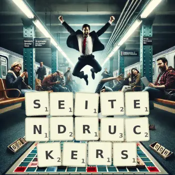 Kreative Illustration für ein Scrabble-Spiel, bei dem das Wort SEITENDRUCKERS mit Steinen auf dem Brett gelegt wurde.