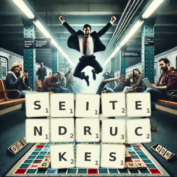 Kreative Illustration für ein Scrabble-Spiel, bei dem das Wort SEITENDRUCKES mit Steinen auf dem Brett gelegt wurde.