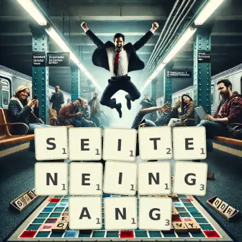 Kreative Illustration für ein Scrabble-Spiel, bei dem das Wort SEITENEINGANG mit Steinen auf dem Brett gelegt wurde.