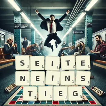 Kreative Illustration für ein Scrabble-Spiel, bei dem das Wort SEITENEINSTIEG mit Steinen auf dem Brett gelegt wurde.