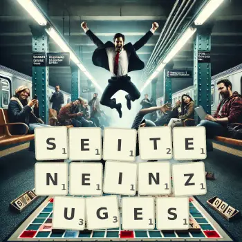 Kreative Illustration für ein Scrabble-Spiel, bei dem das Wort SEITENEINZUGES mit Steinen auf dem Brett gelegt wurde.
