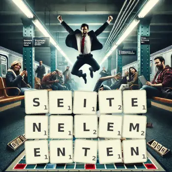 Kreative Illustration für ein Scrabble-Spiel, bei dem das Wort SEITENELEMENTEN mit Steinen auf dem Brett gelegt wurde.
