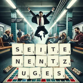 Kreative Illustration für ein Scrabble-Spiel, bei dem das Wort SEITENENTZUGES mit Steinen auf dem Brett gelegt wurde.