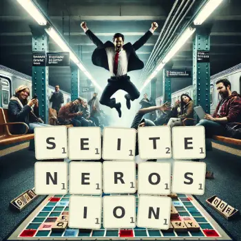 Kreative Illustration für ein Scrabble-Spiel, bei dem das Wort SEITENEROSION mit Steinen auf dem Brett gelegt wurde.