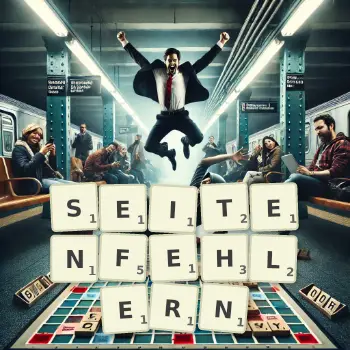 Kreative Illustration für ein Scrabble-Spiel, bei dem das Wort SEITENFEHLERN mit Steinen auf dem Brett gelegt wurde.