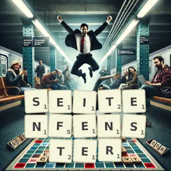 Kreative Illustration für ein Scrabble-Spiel, bei dem das Wort SEITENFENSTER mit Steinen auf dem Brett gelegt wurde.