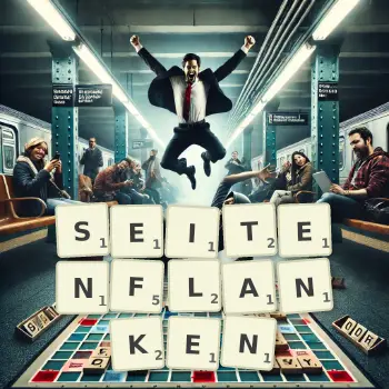 Kreative Illustration für ein Scrabble-Spiel, bei dem das Wort SEITENFLANKEN mit Steinen auf dem Brett gelegt wurde.