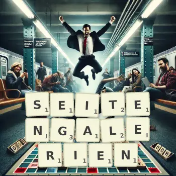 Kreative Illustration für ein Scrabble-Spiel, bei dem das Wort SEITENGALERIEN mit Steinen auf dem Brett gelegt wurde.