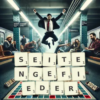 Kreative Illustration für ein Scrabble-Spiel, bei dem das Wort SEITENGEFIEDER mit Steinen auf dem Brett gelegt wurde.