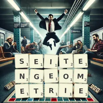 Kreative Illustration für ein Scrabble-Spiel, bei dem das Wort SEITENGEOMETRIE mit Steinen auf dem Brett gelegt wurde.