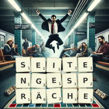Kreative Illustration für ein Scrabble-Spiel, bei dem das Wort SEITENGESPRÄCHE mit Steinen auf dem Brett gelegt wurde.