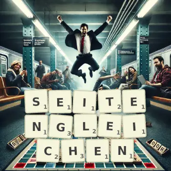 Kreative Illustration für ein Scrabble-Spiel, bei dem das Wort SEITENGLEICHEN mit Steinen auf dem Brett gelegt wurde.
