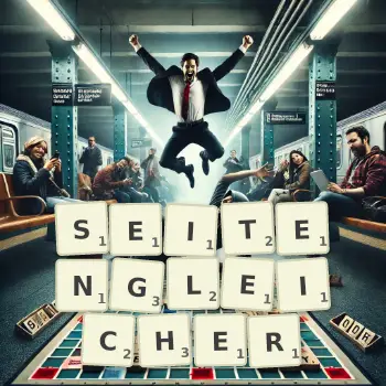 Kreative Illustration für ein Scrabble-Spiel, bei dem das Wort SEITENGLEICHER mit Steinen auf dem Brett gelegt wurde.