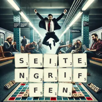 Kreative Illustration für ein Scrabble-Spiel, bei dem das Wort SEITENGRIFFEN mit Steinen auf dem Brett gelegt wurde.