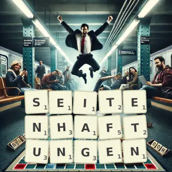 Kreative Illustration für ein Scrabble-Spiel, bei dem das Wort SEITENHAFTUNGEN mit Steinen auf dem Brett gelegt wurde.