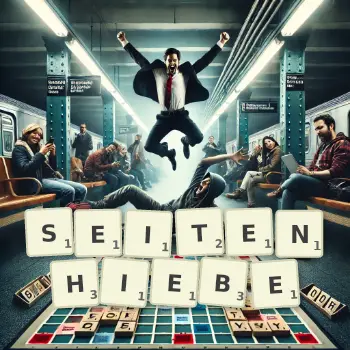 Kreative Illustration für ein Scrabble-Spiel, bei dem das Wort SEITENHIEBE mit Steinen auf dem Brett gelegt wurde.