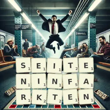 Kreative Illustration für ein Scrabble-Spiel, bei dem das Wort SEITENINFARKTEN mit Steinen auf dem Brett gelegt wurde.