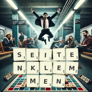 Kreative Illustration für ein Scrabble-Spiel, bei dem das Wort SEITENKLEMMEN mit Steinen auf dem Brett gelegt wurde.