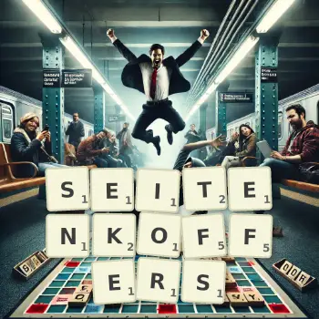 Kreative Illustration für ein Scrabble-Spiel, bei dem das Wort SEITENKOFFERS mit Steinen auf dem Brett gelegt wurde.
