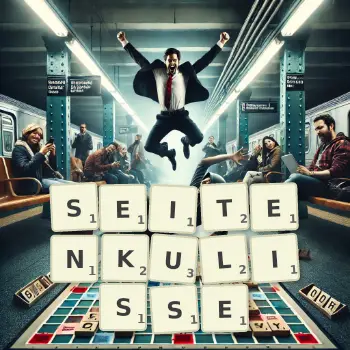 Kreative Illustration für ein Scrabble-Spiel, bei dem das Wort SEITENKULISSE mit Steinen auf dem Brett gelegt wurde.