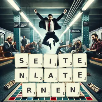 Kreative Illustration für ein Scrabble-Spiel, bei dem das Wort SEITENLATERNEN mit Steinen auf dem Brett gelegt wurde.