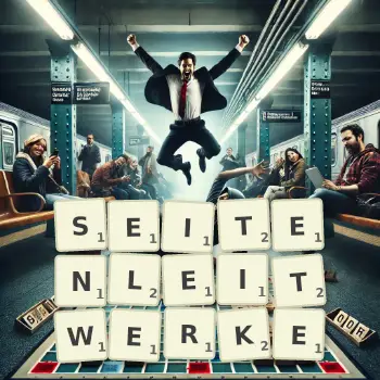 Kreative Illustration für ein Scrabble-Spiel, bei dem das Wort SEITENLEITWERKE mit Steinen auf dem Brett gelegt wurde.