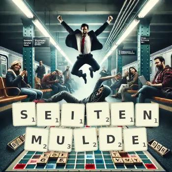 Kreative Illustration für ein Scrabble-Spiel, bei dem das Wort SEITENMULDE mit Steinen auf dem Brett gelegt wurde.