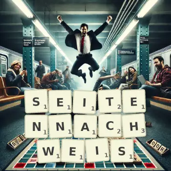 Kreative Illustration für ein Scrabble-Spiel, bei dem das Wort SEITENNACHWEIS mit Steinen auf dem Brett gelegt wurde.