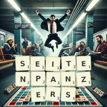 Kreative Illustration für ein Scrabble-Spiel, bei dem das Wort SEITENPANZERS mit Steinen auf dem Brett gelegt wurde.