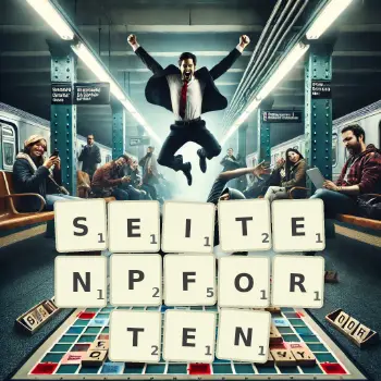 Kreative Illustration für ein Scrabble-Spiel, bei dem das Wort SEITENPFORTEN mit Steinen auf dem Brett gelegt wurde.