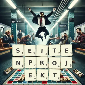 Kreative Illustration für ein Scrabble-Spiel, bei dem das Wort SEITENPROJEKT mit Steinen auf dem Brett gelegt wurde.