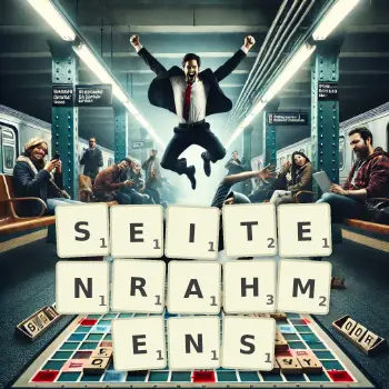 Kreative Illustration für ein Scrabble-Spiel, bei dem das Wort SEITENRAHMENS mit Steinen auf dem Brett gelegt wurde.